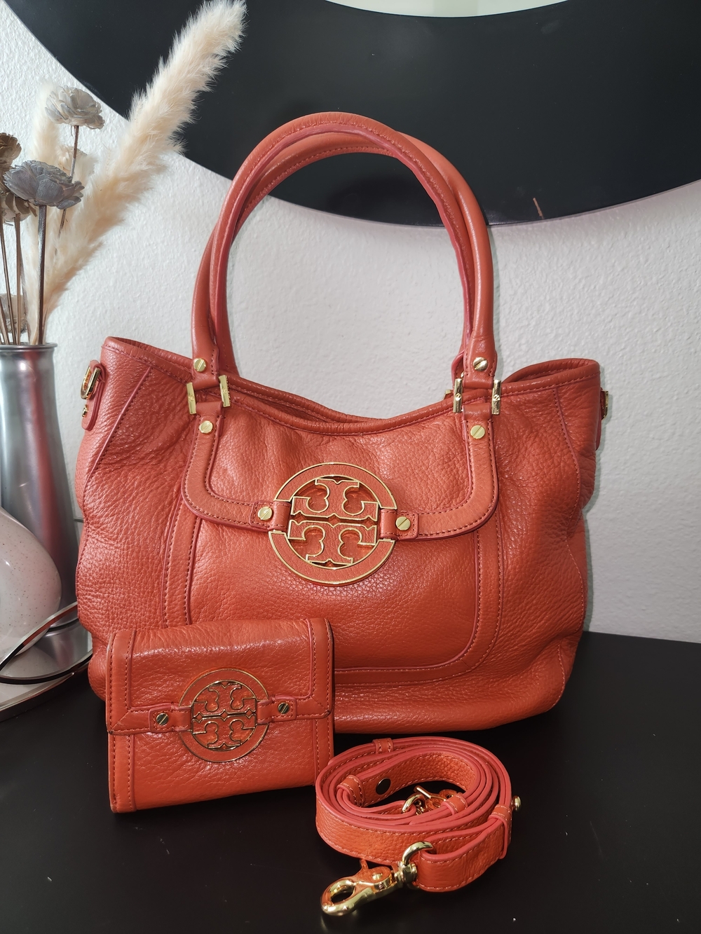 Tory Burch Coral Orange Pebbled Leather Satchel with Wallet & Strap